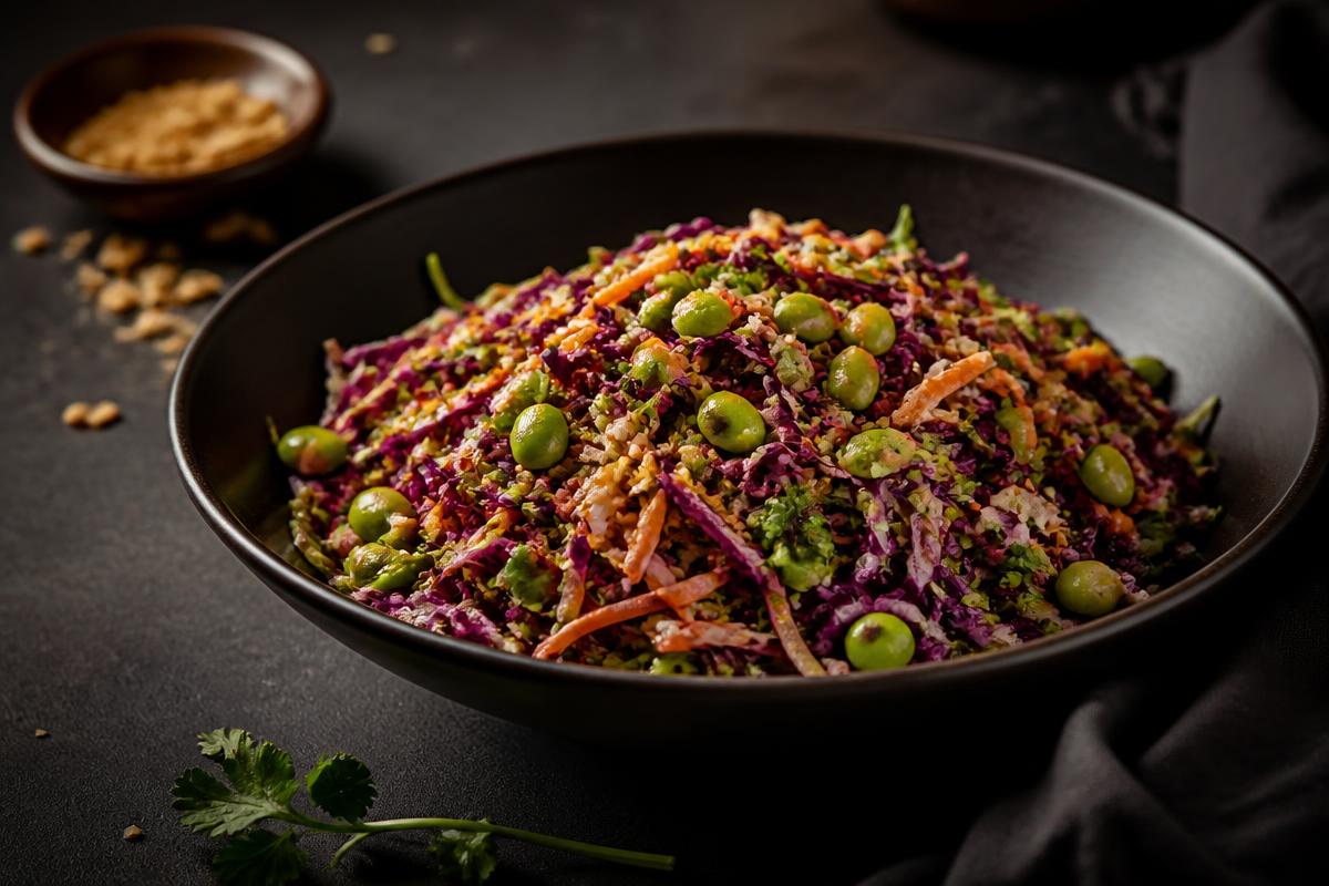Chopped salad with red cabbage, carrots and edamame in a dark bowl