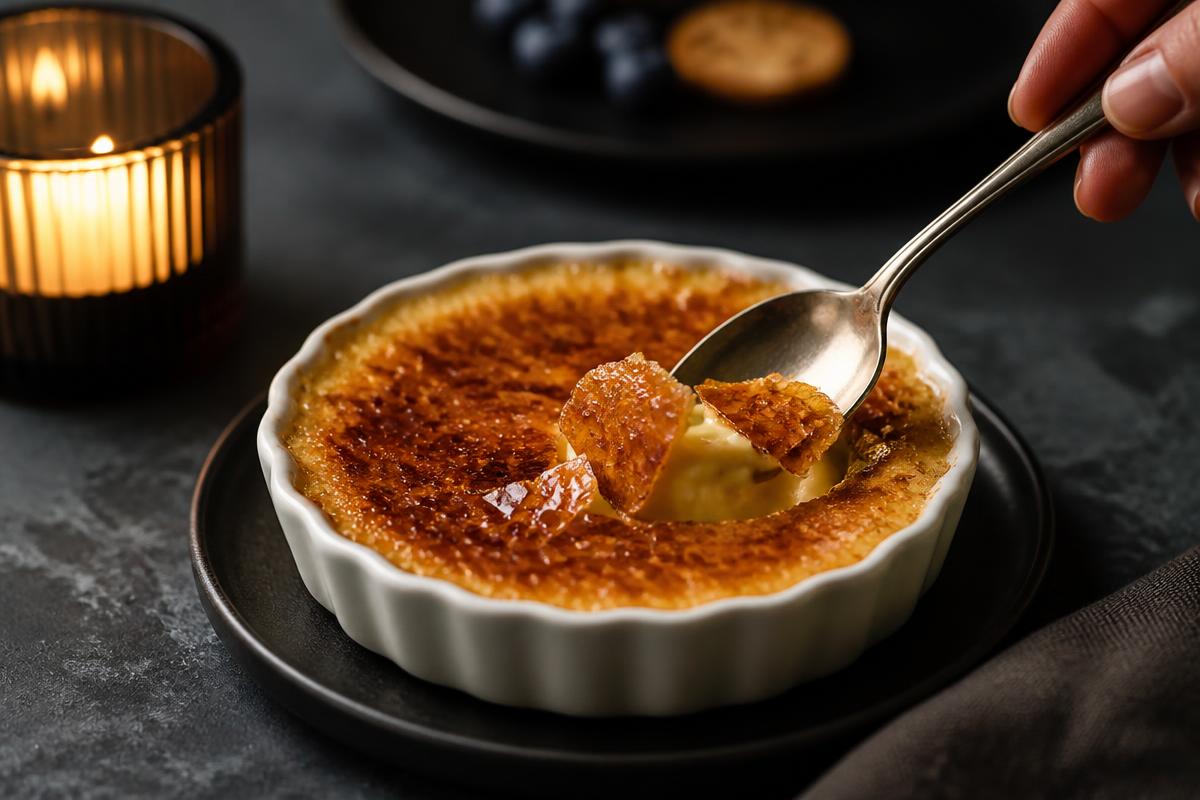 Crème brûlée with a caramelized sugar top being cracked with a spoon