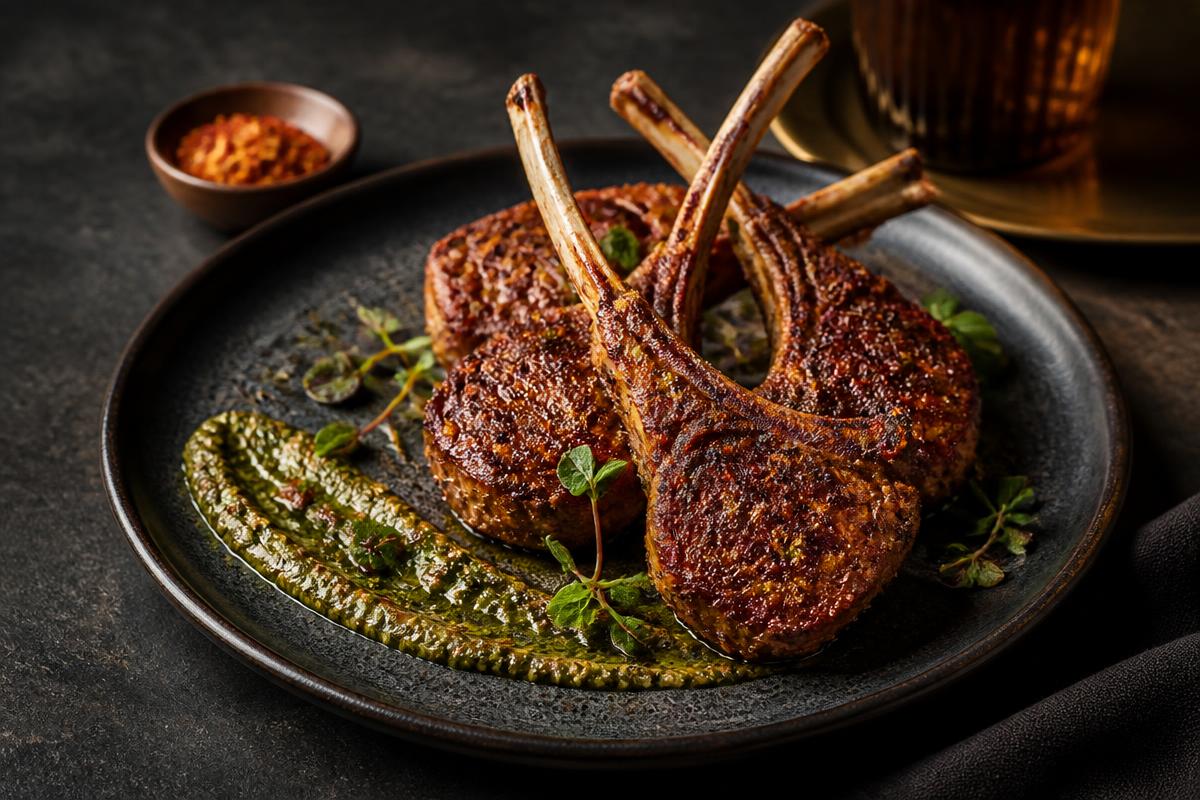 Harissa-spiced lamb lollipops with herb sauce on a dark plate